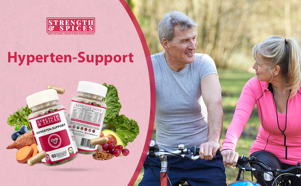 Strength & Spices Hypertensupport 100% Natural Supplement for Immune System & Heart Health – 15 Ingredients w Hawthorn Berry, Grape Seeds & Berries - 60 Vegan UK Made 1000mg Capsules