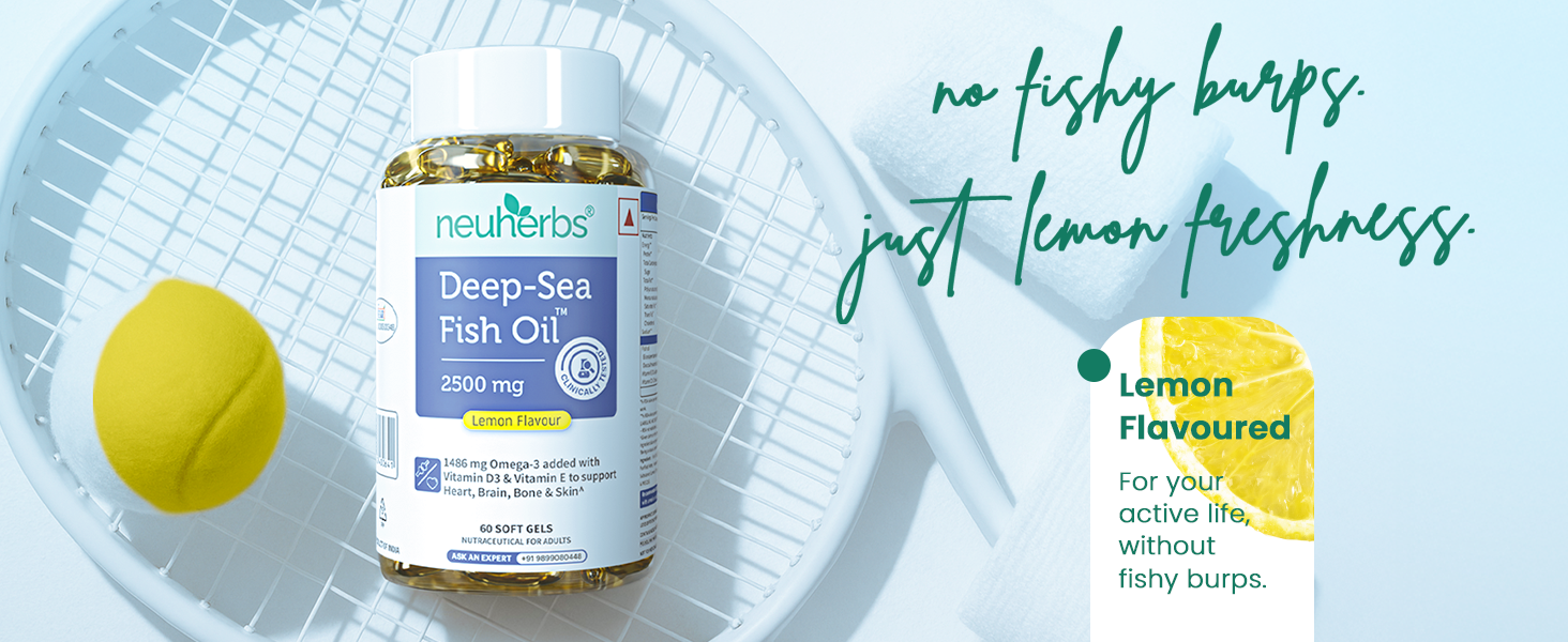 Neuherbs Deep Sea Omega 3 Fish Oil Capsules 2500mg Triple Strength - Supplement for Heart, Brain & Joint Support - No Fishy Burps, Lemon Flavour - 60 Softgels for Men & Women