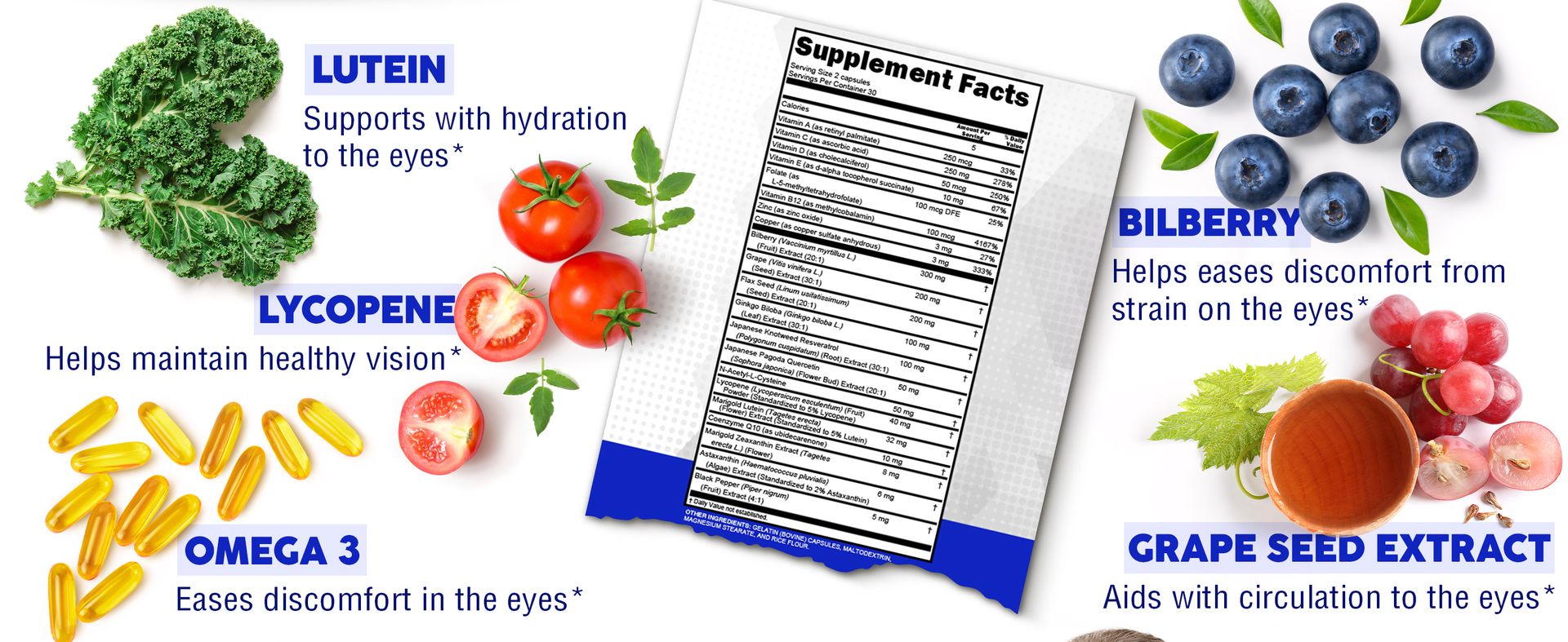 Clean Nutra Eye Vitamins with Bilberry Lutein and Zeaxanthin Supplements Lycopene 40mg Resveratrol Grape Seed Astaxanthin for Eyes - Eye Care Health Support Eye Vitamin and Mineral Supplement
