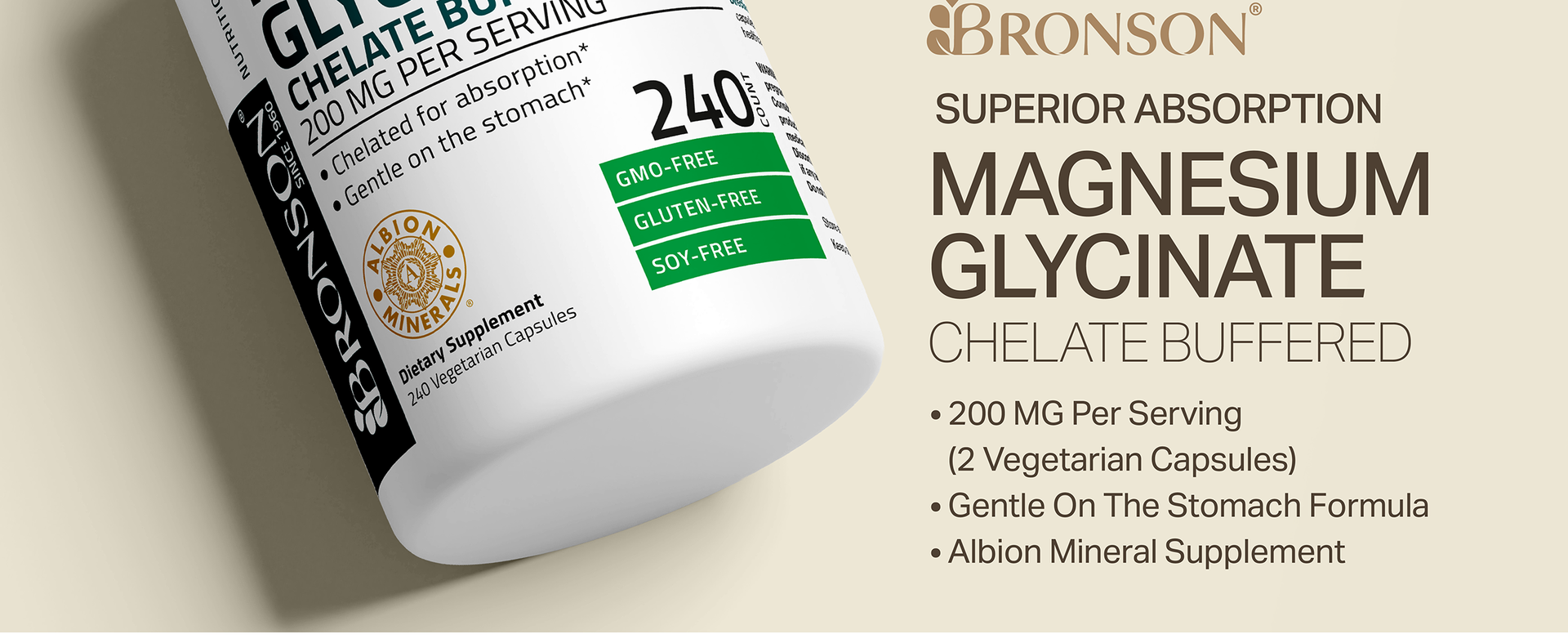 Bronson Magnesium Glycinate 200 MG Chelated High Absorption, 60 Capsules