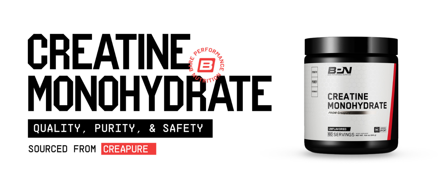 BARE PERFORMANCE NUTRITION, BPN Pure Creatine Monohydrate Powder By Creapure, 5g of Creatine per Serving, Supports Muscle Growth, Unflavored Creatine Powder, 60 Servings
