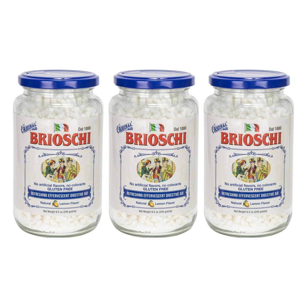 Brioschi [Pack 3 Italian Lemon Flavored Refreshing Effervescent | Digestive Aid, Heartburn, Upset Stomach, Acid Indigestion | Gluten Free, No Colorants, No Artifictial Flavors | 8.5 oz Glass