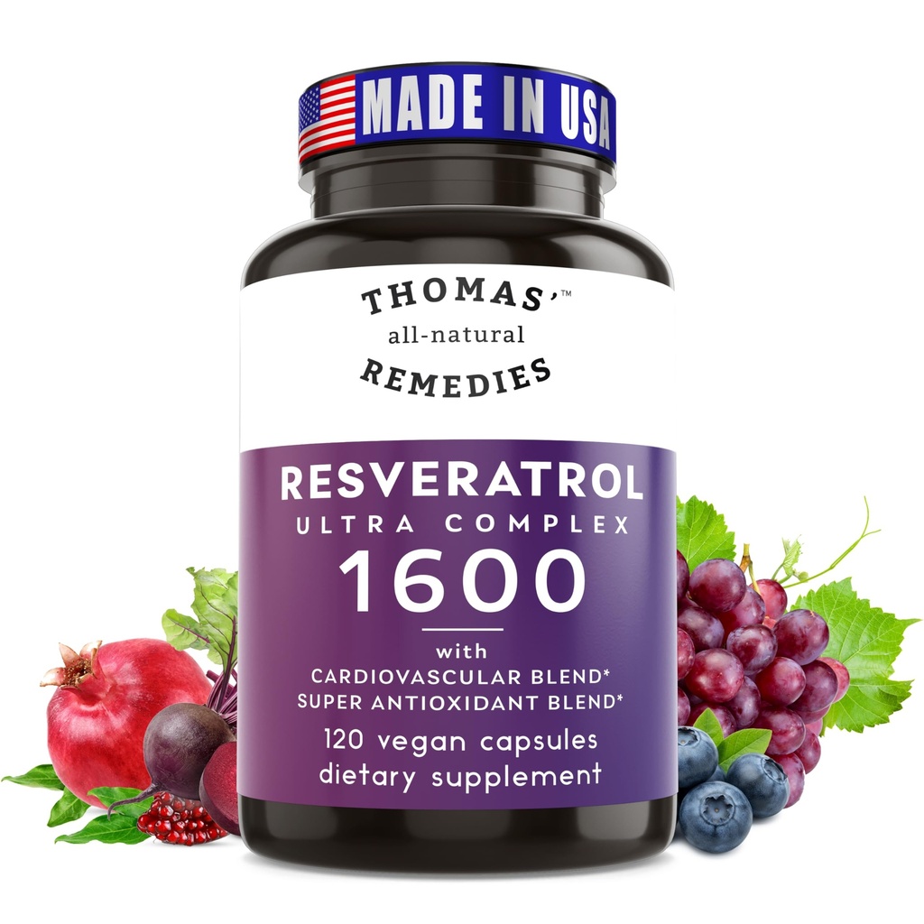 Thomas' all-natural Remedies Resveratrol 1600mg Organic Trans-Resveratrol Antioxidant Supplement with Organic Grape Seed Extract and Quercetin- Anti-Aging and Cardiovascular Support- 120 Capsules