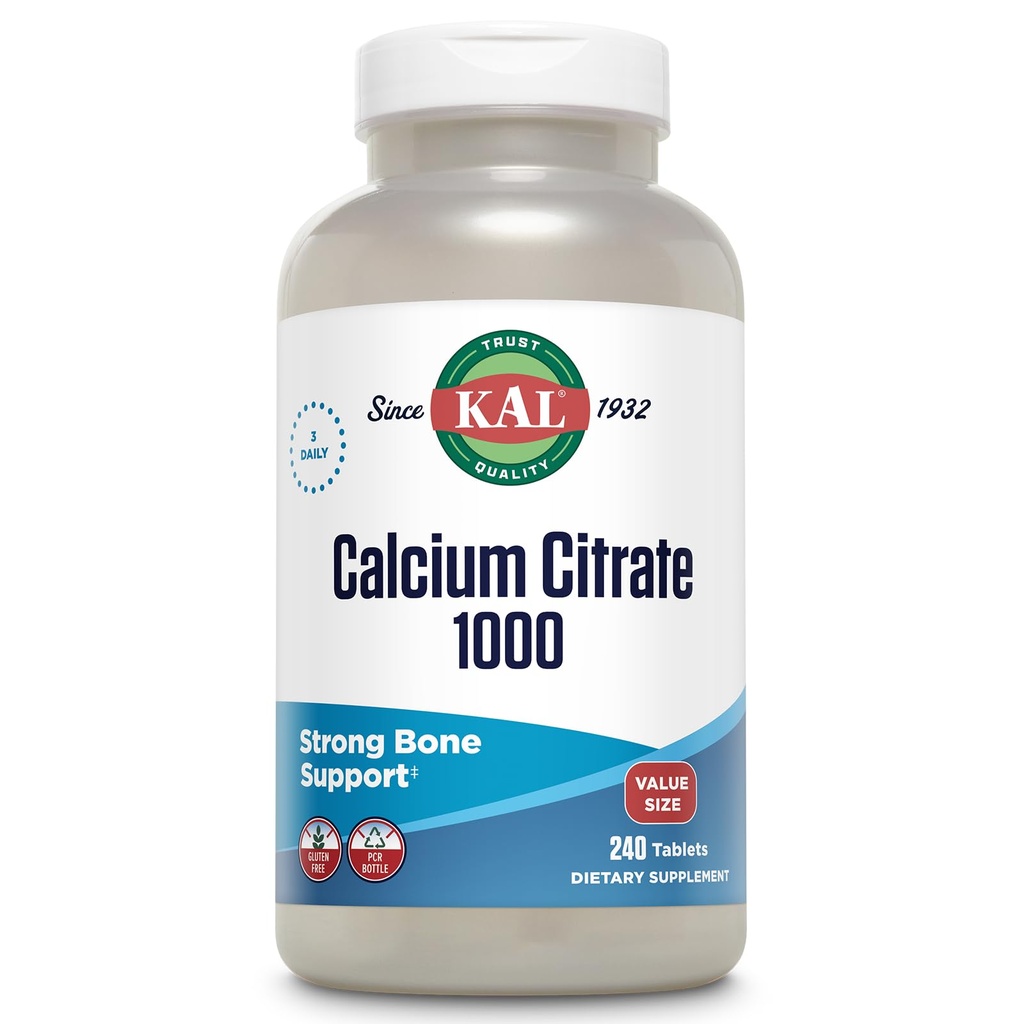 KAL Calcium Citrate 1000mg, Calcium Supplements for Women and Men, Bone Health, Teeth, Nervous, Muscular & Cardiovascular System Support, Gluten Free and Lab Verified, 80 Servings, 240 Tablets