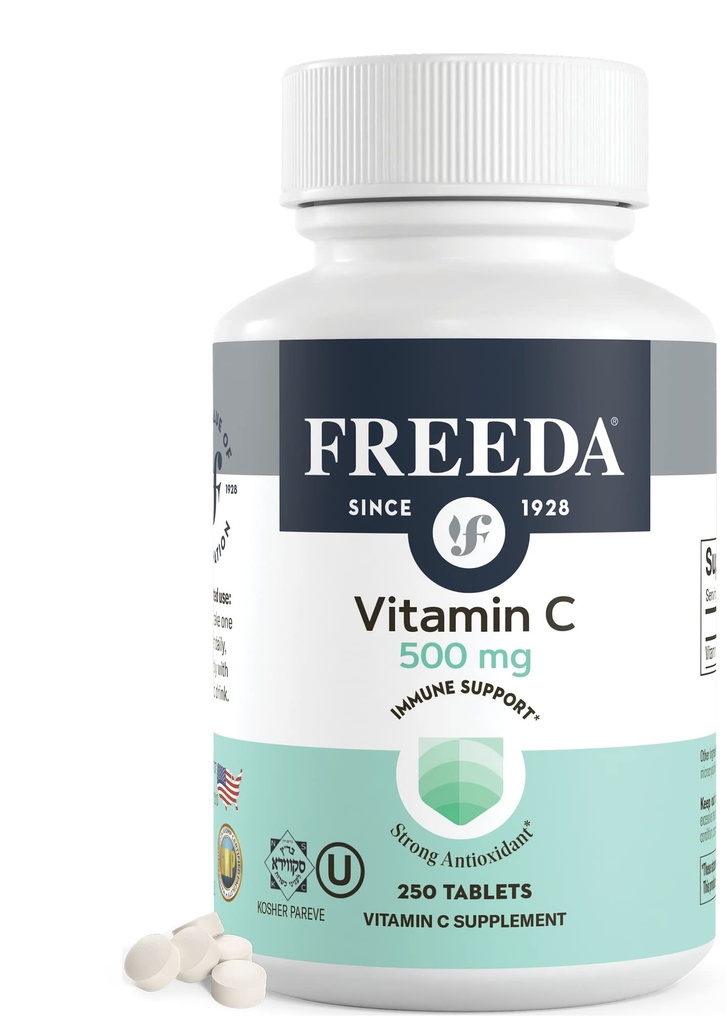 FREEDA Vegan Vitamin C 500mg – Kosher Immune Support & Antioxidant – Helps Maintain Healthy Skin & Hair, Supports Iron Absorption – No Gluten, No Lactose, No Artificial Flavor or Color – 250 Tablets