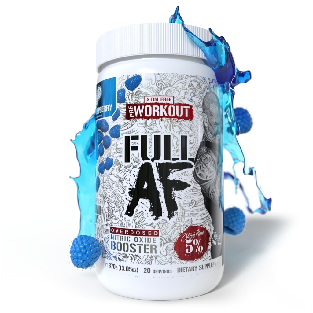 5% Nutrition FullAF Pre-Workout | Stim-Free with Massive Pumps | L-Citrulline, L-Taurine, Nitrosigine, GlycerSize | 13.05 oz (Blue Raspberry)