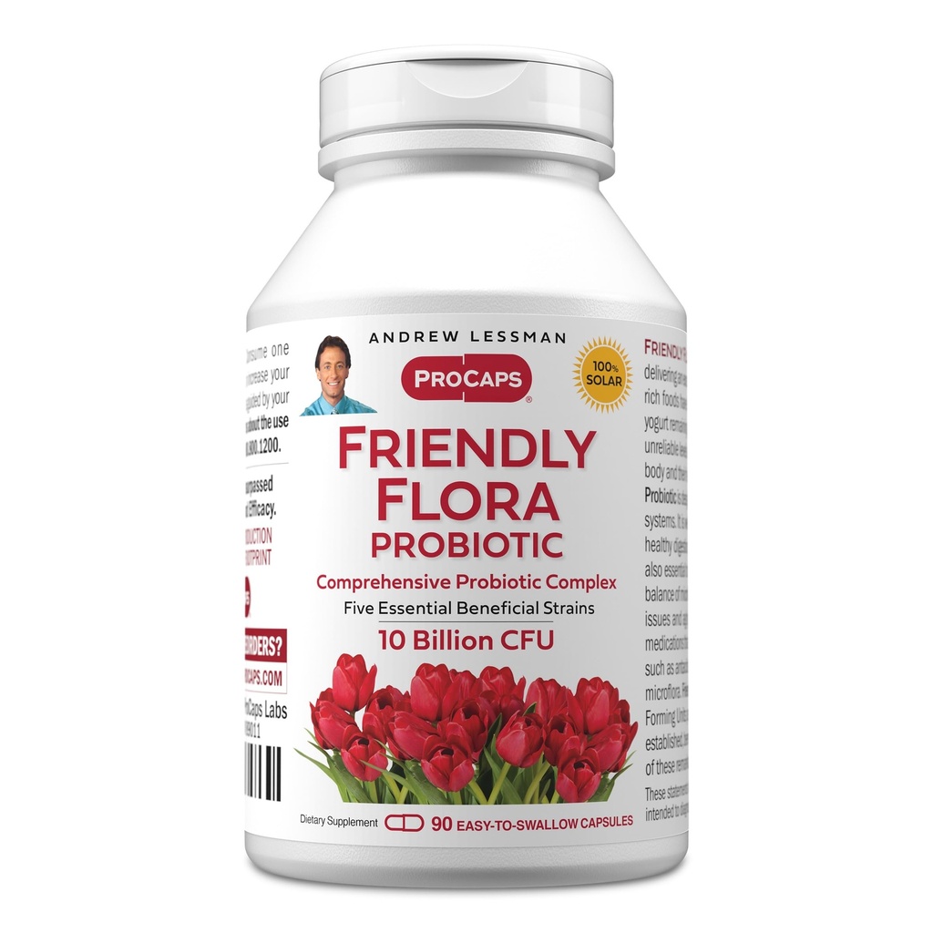 ANDREW LESSMAN Friendly Flora Probiotic 90 Capsules - 10 Billion CFU, Comprehensive Blend of Five Probiotic Strains, Powerful Immune and Digestive Support. Probiotics for Women or Men