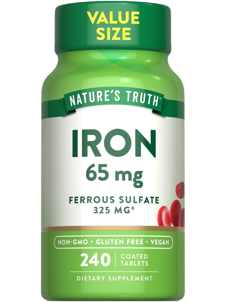 Nature's Truth Iron Tablets 65mg | 240 Count | 325mg Ferrous Sulfate | Vegan, Non-GMO & Gluten Free Supplement