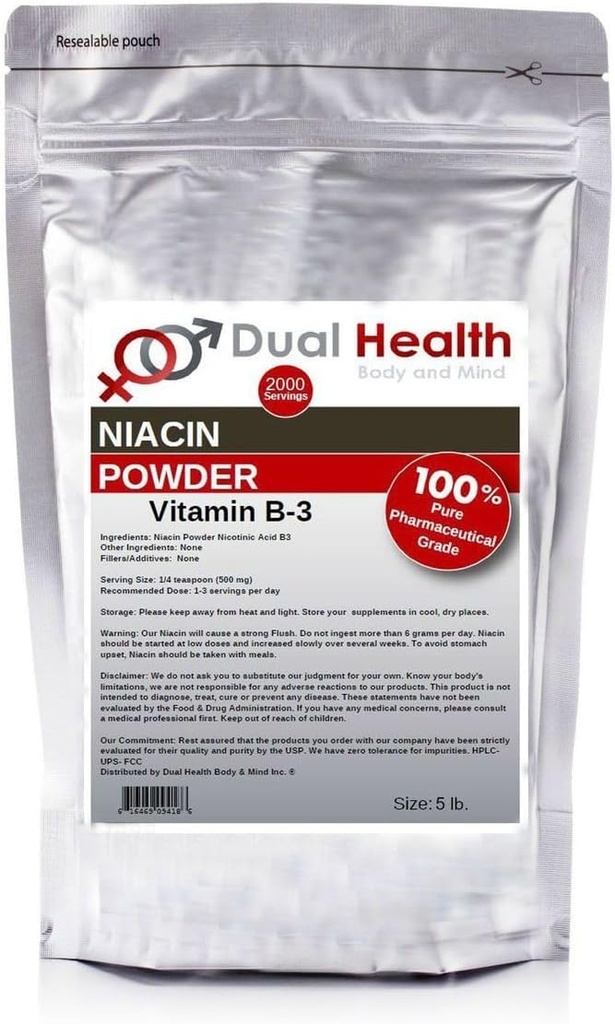 Niacin Powder (5 lbs) Vitamin B3 Bulk Supplement Immediate Release Niacin with Flush Nicotinic Acid Non-GMO, Vegan, Gluten Free Company Fast Absorption No GMOs, Fillers, Additives or Heavy Metals