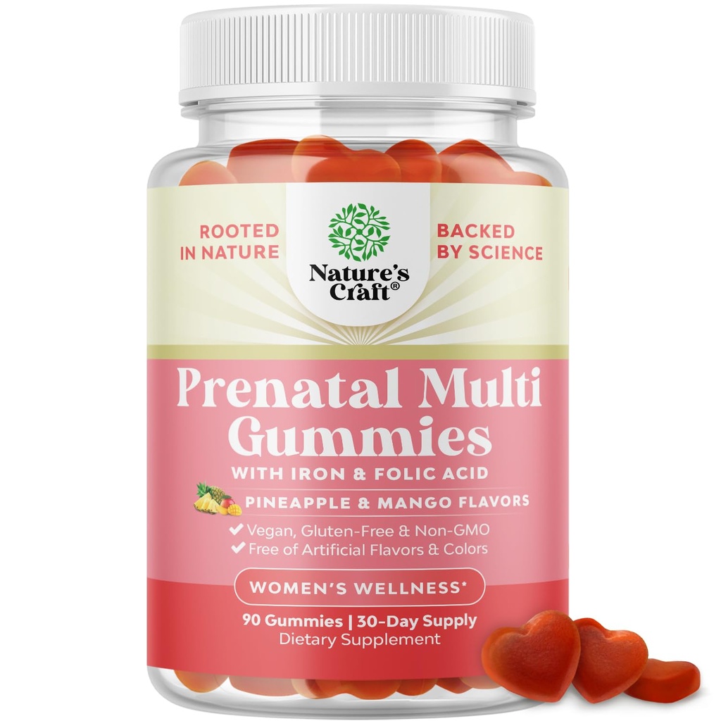 Natures Craft Vegan Prenatal Gummies for Women - Gummy Prenatal Vitamins for Women with Iron Folic Acid and Superfruit Blend - Chewable Vitamins Gummy Formula (Pineapple Mango) - 90 Count