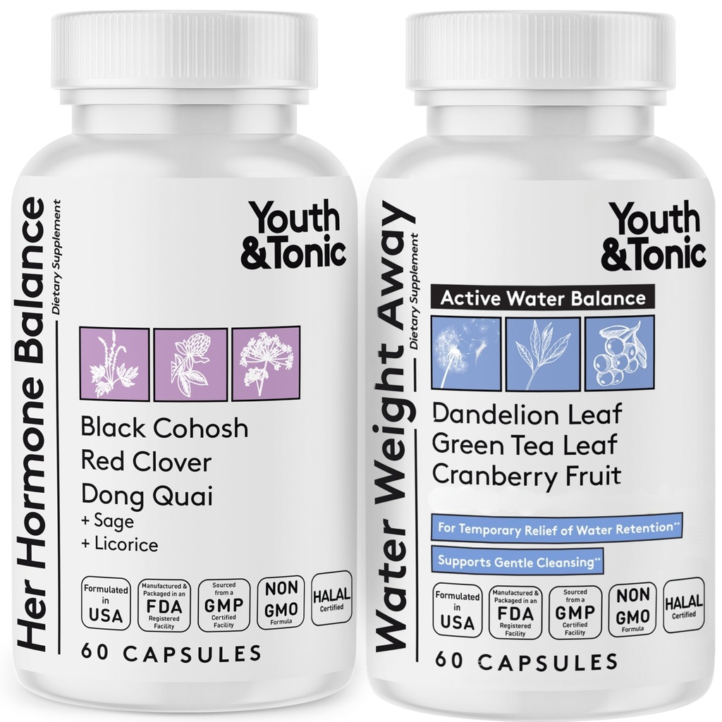 Youth & Tonic Women Water Weight Loss Pills for Hormonal Changes and Fluid Retention During PMS, Menopause – Swelling, Bloating & Hormone Balance – 120 Capsules