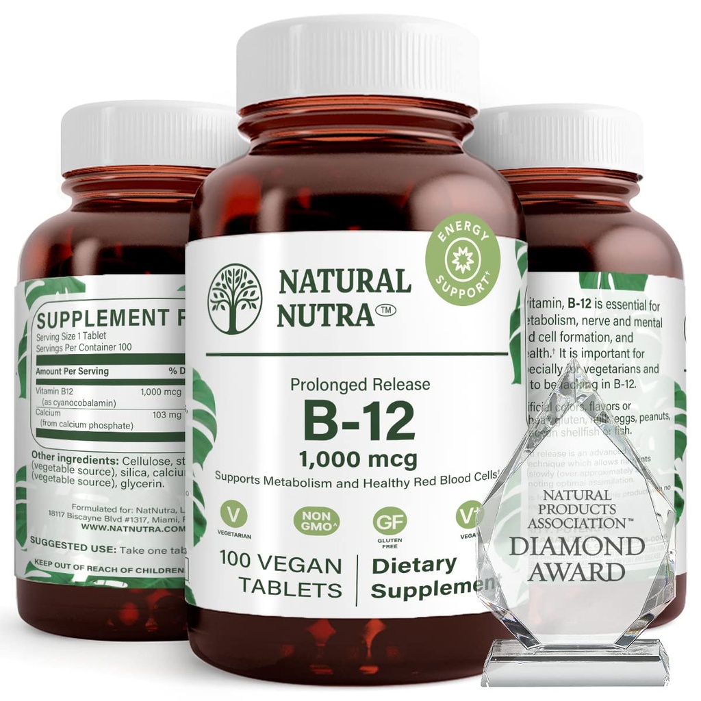 Natural Nutra Vitamin B12 1000 mcg, Promote Heart & Nerve Health, Cobalamin B12 Supplement, Calcium Phosphate, Help in Metabolism Health, Optimal Absorption, Gluten Free, Sugar Free, 100 Vegan Tablets