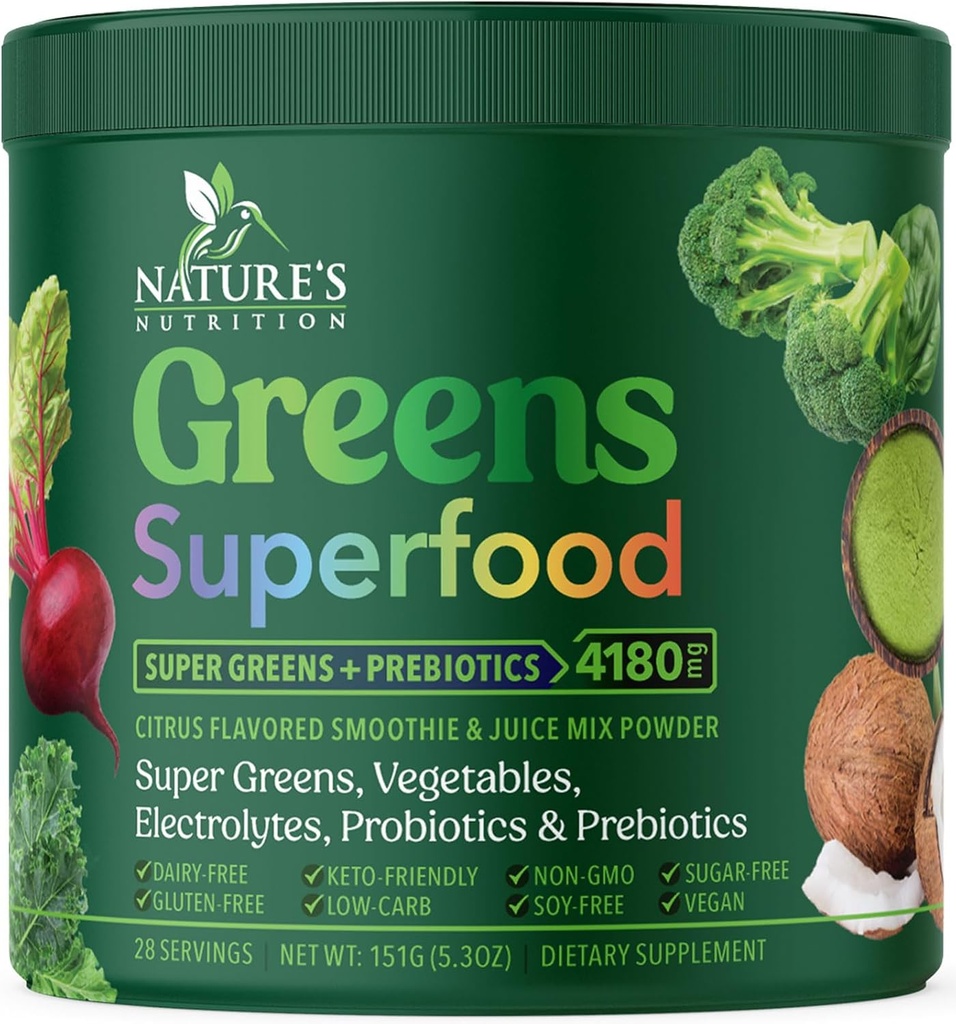 Greens Powder Superfood - Premium Organic Super Greens Juice Powder - Packed with Probiotics, Wheat Grass, Enzymes, Spirulina, Chlorella for Digestive & Gut Health, Smoothie Drink Mix - 28 Servings