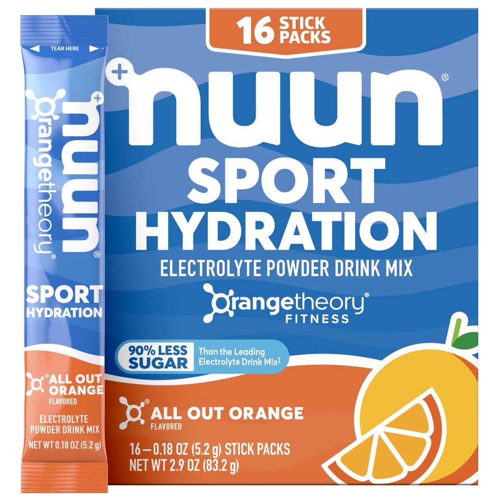Nuun Sport Electrolyte Powder Packets with Magnesium, Calcium, Potassium, Chloride, and Sodium, Hydration Packets for On-the-Go, All Out Orange Flavor, Gluten Free & Vegan, 16 Single Servings