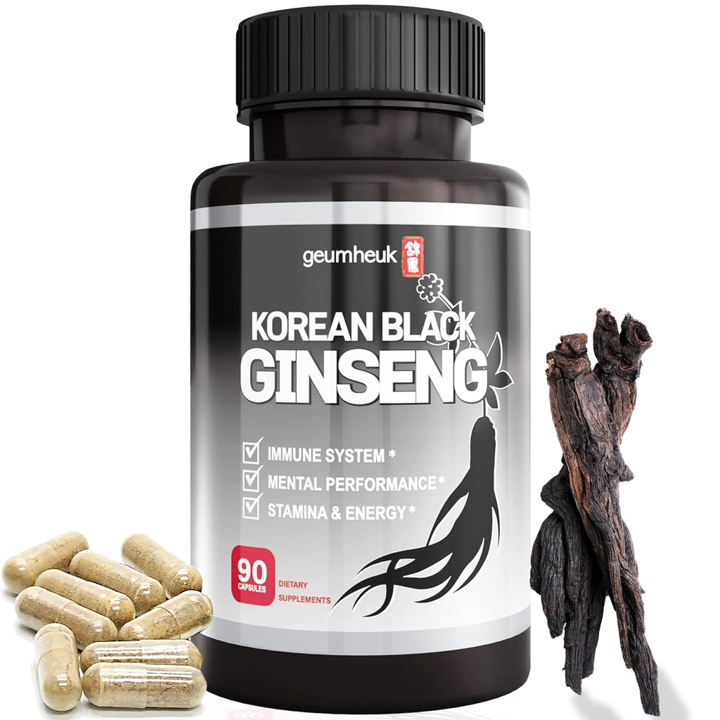 GeumHeuk Korean Black Ginseng Capsule 1000mg Supplement - Non GMO, High Ginsenosides, High Absorption Rate, Enhance Immunity, Metal Performance, Stamina & Energy, Men & Women - 90 Vegan Capsules