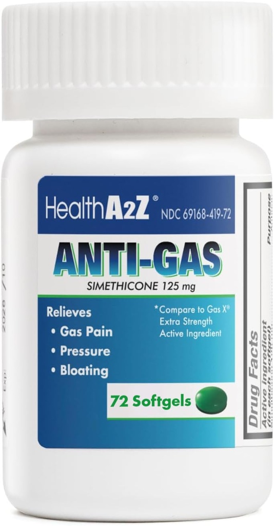 HealthA2Z® Gas Relief Simethicone | 125mg | Relieves from Stomach Discomfort and Gas | Anti Flatulence | Relieves Gas Fast and Bloating (72 Counts (Pack of 1))