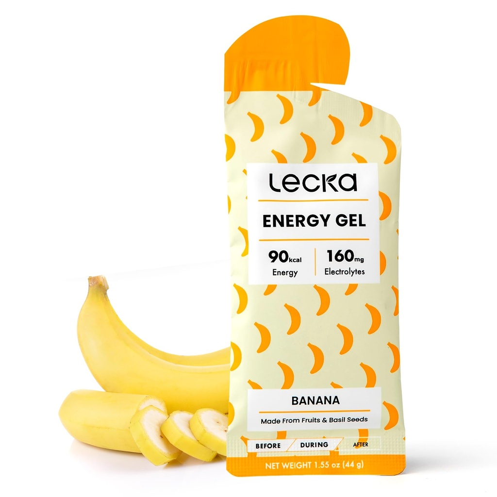 Lecka Energy Gel, 12 Gels | for Endurance Exercise, Made with Real Fruits and Basil Seeds, Provides Natural Energy and Electrolytes (12 Gels, Banana)