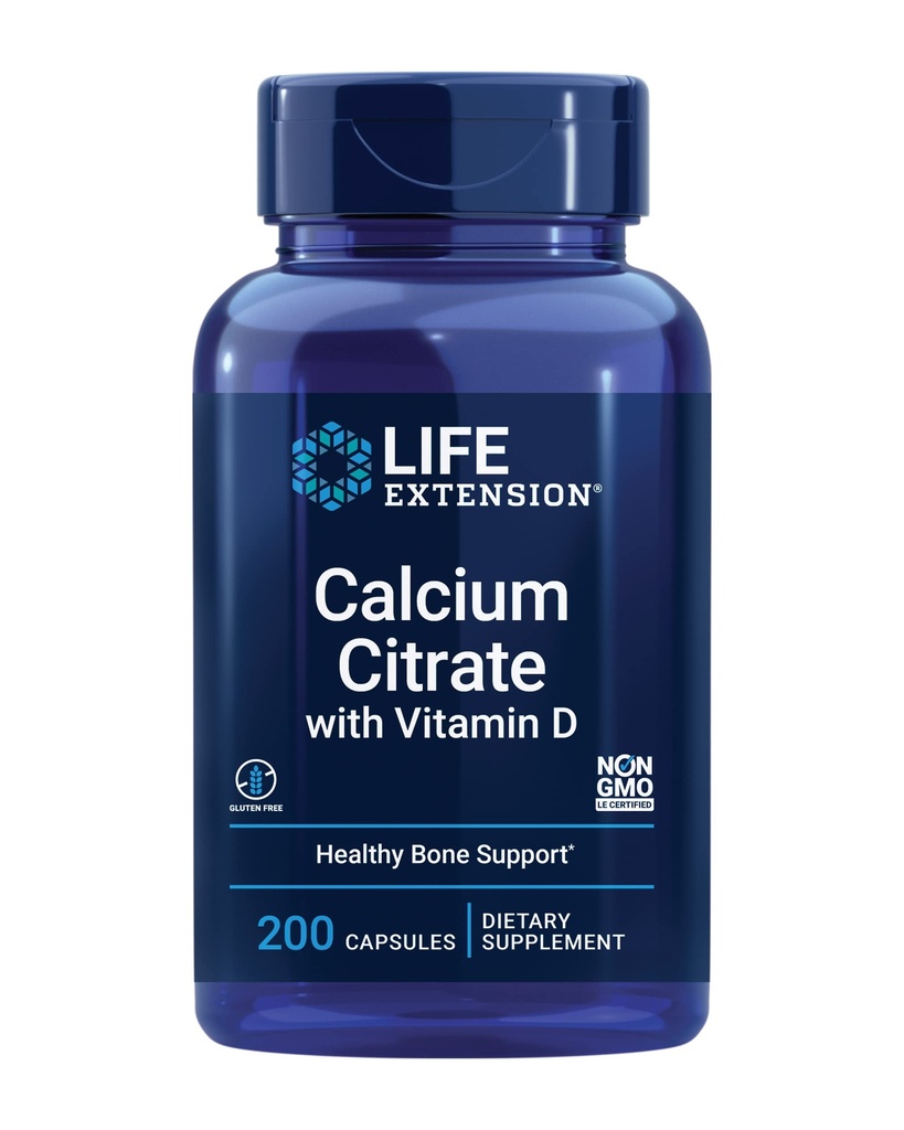 Life Extension Calcium Citrate with Vitamin D, Super-absorbable Calcium to Support Optimal Bone Health, Gluten-Free, Non-GMO, 200 Capsules