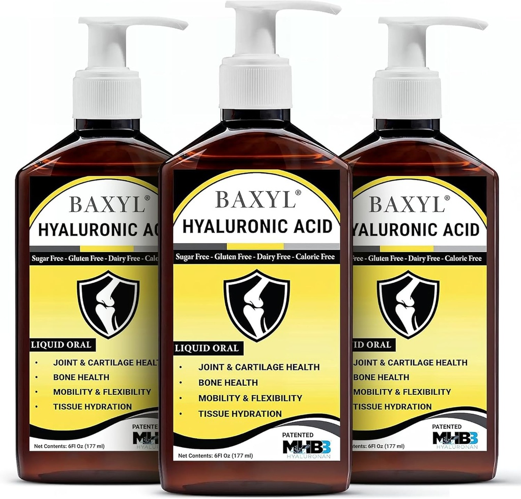BAXYL Liquid Hyaluronic Acid Supplement - Natural Citric Acid, Potassium Sorbate Ingredients Formulated Flavorless Syrup - Provide Healthy Cartilage & Bone Formation - 3 Bottles of 6 Fl Oz