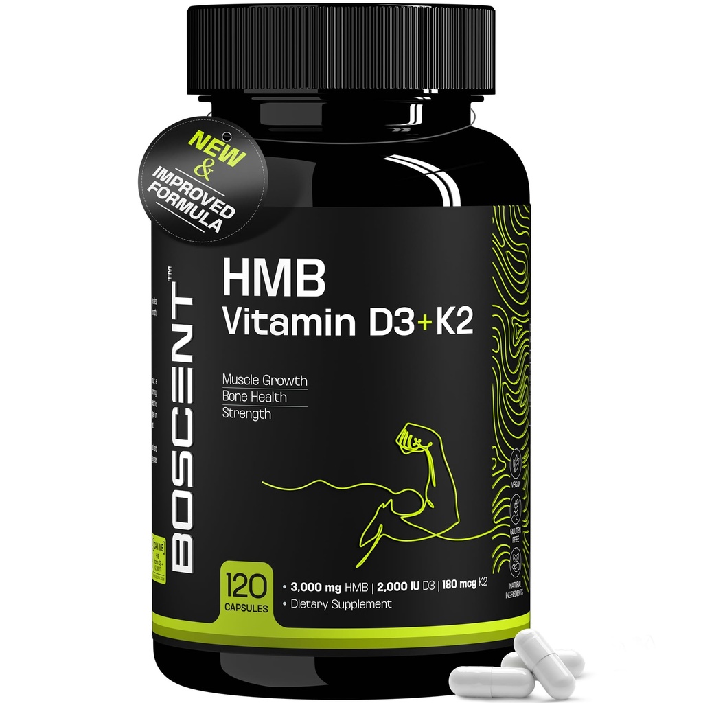 HMB 3000mg Supplement | Vitamin D3 K2 + Calcium | Muscle Recovery, Lean Muscle Support & Bone Health | Anti Catabolic Supplement for Men & Women | Non-GMO | 120 Capsules