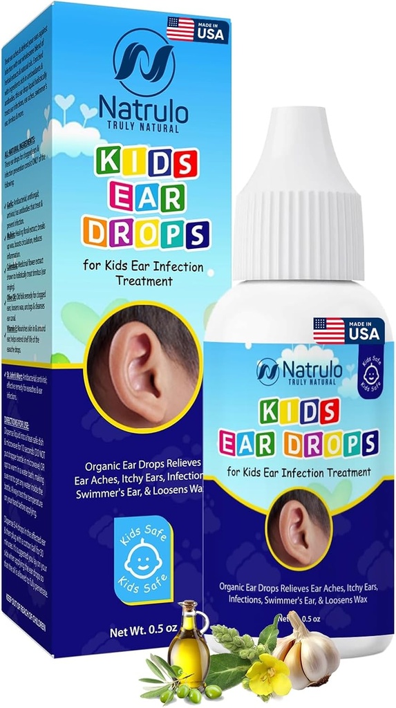 Natrulo Natural Ear Drops for Kids Ear Infection Treatment – Organic Children Ear Oil Drops Relieves Ear Aches, Itchy Ears, Infections, Swimmer's Ear, & Loosens Wax – Kids Safe, Made in USA