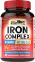 Iron Supplement for Women & Men, with Vitamins C, B6, B12 & Folate for Iron Deficiency, Blood Building & Energy Support, Stomach Friendly, Better Absorption, Non-GMO, No Gluten, 90 Vegan Caps