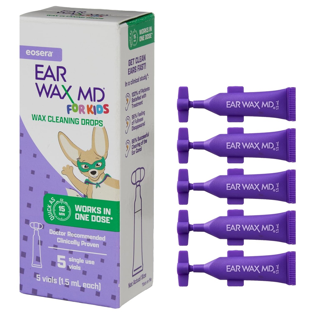 EOSERA Ear Wax MD for Kids – Ear Wax Dissolving Drops, 5pk Vials | Fast-Acting Formula | Breaks Down Buildup in as Little as 1 Treatment | Clinically Proven | Gentle & Safe for Kids Ages 2+