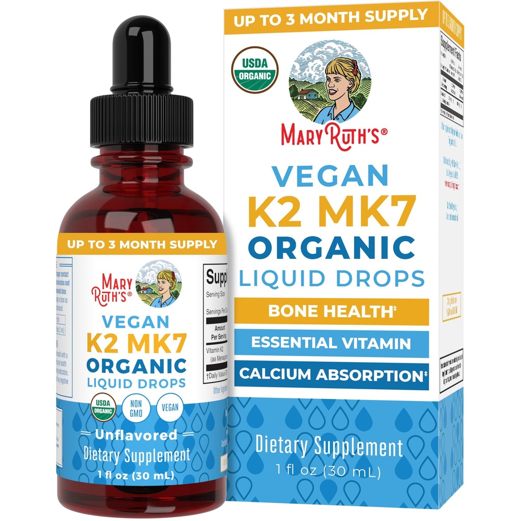 MaryRuth’s USDA Organic Vitamin K2 MK7 Liquid Drops for Adults & Kids | Sourced from Natto | Menaquinone- 7 | Vegan K2 Vitamin for Bone Health & Calcium Absorption | 1oz | Up to 90 Servings