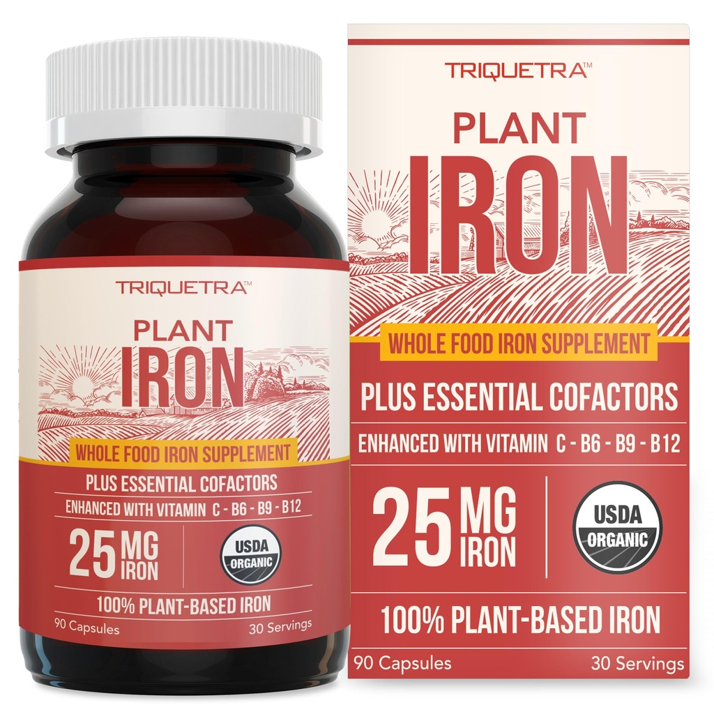 Organic Iron Supplement | Whole Food Mineral & Cofactors, 25 mg Elemental | Enhanced Absorption Plus Blood Health Vitamins – Gentle Form – Supports Healthy Levels & Blood Health – 90 Capsules