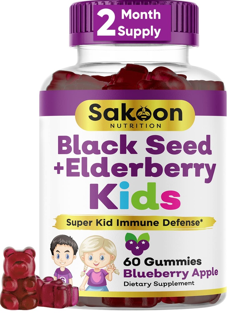Sakoon nutrition Elderberry & Black Seed Oil Gummies for Kids, Immune Support, with Vitamin C and Zinc, Delicious Berry Flavor, 60 Gummies