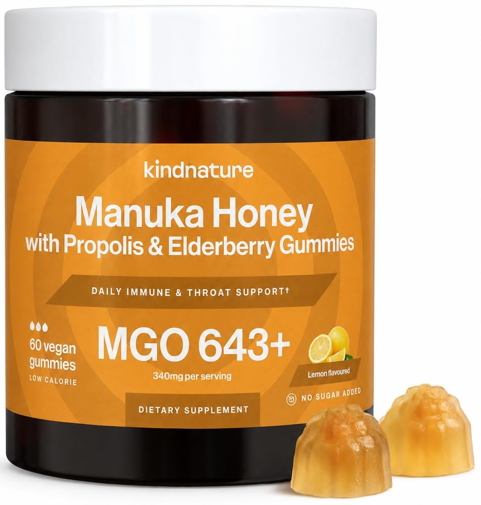 kindnature Manuka Honey Medical Grade Gummies MGO 643+ - New Zealand Manuka Honey with Zinc, Vitamin C, Elderberry - Throat Comfort & Immune Support - Kids & Adults