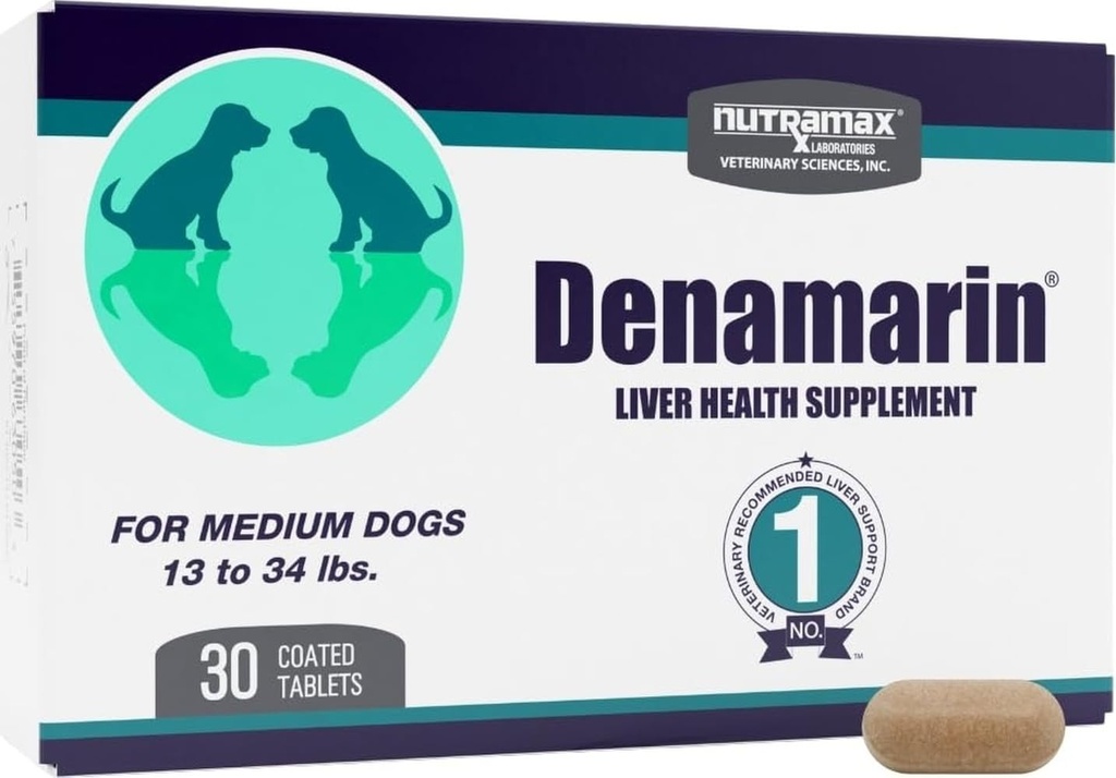 Nutramax Denamarin Liver Supplement for Medium Dogs, Tablets, 30ct | Liver Support for Dogs contains S-Adenosylmethionine (SAMe) + Milk Thistle Silybin, For Dogs From 13 to 34lbs, Coated Tablets