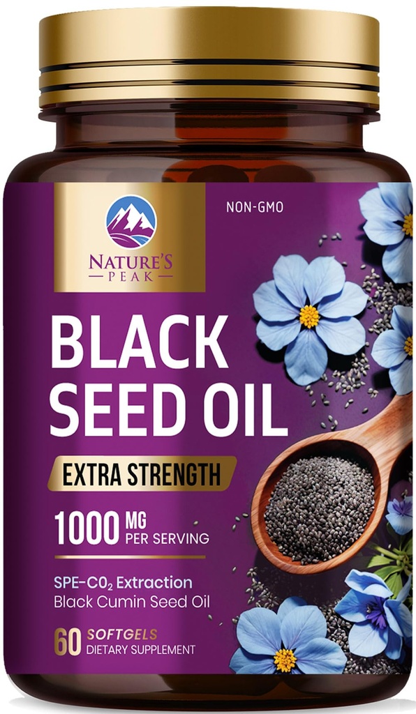 Black Seed Oil Capsules 1000mg Per Serving - Best Cumin Seed Oil - Pure Nigella Sativa Black Seed Oil & Thymoquinone - Amazing Antioxidant for Skin Support Supplement - Bottled in USA - 60 Softgels