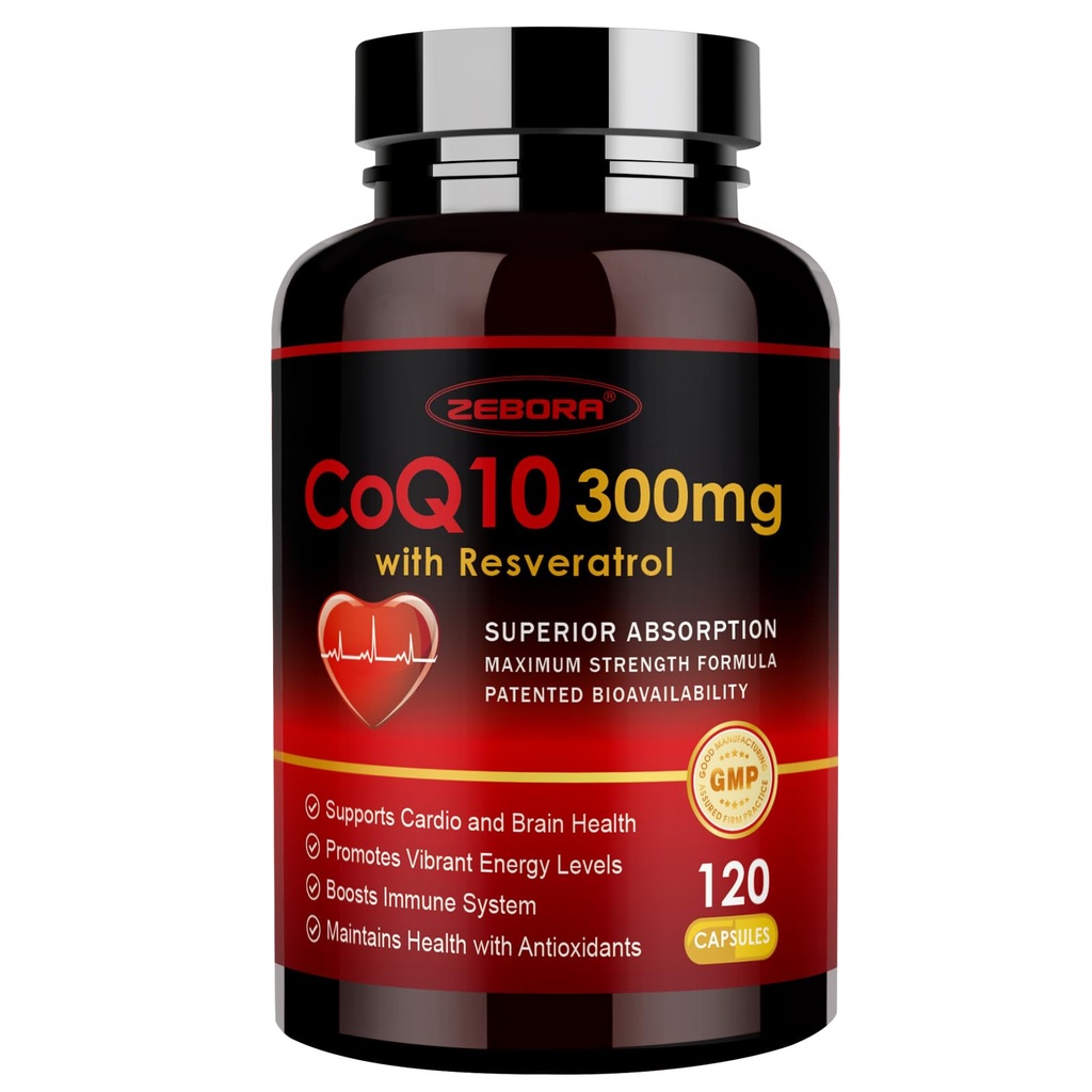 ZEBORA CoQ10-300mg with Trans-Resveratrol, PQQ & Vitamin E - High Absorption Coenzyme-Q10 with BioPerine - Powerful Antioxidant for Heart & Energy-Production,120 Veggie Capsules