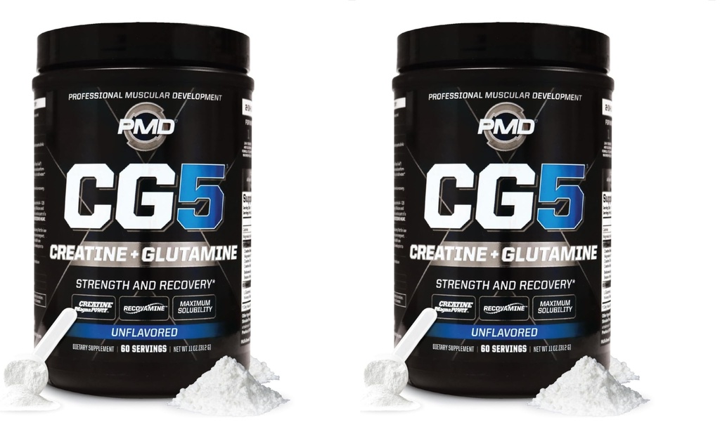 PMD Sports CG5 Premium Creatine & L Glutamine Powder, Power Recovery, Build Lean Muscle, Increase Workout Performance, Maximum Strength Pre Workout & Post Workout, Unflavored, 60 Servings (Pack of 2)