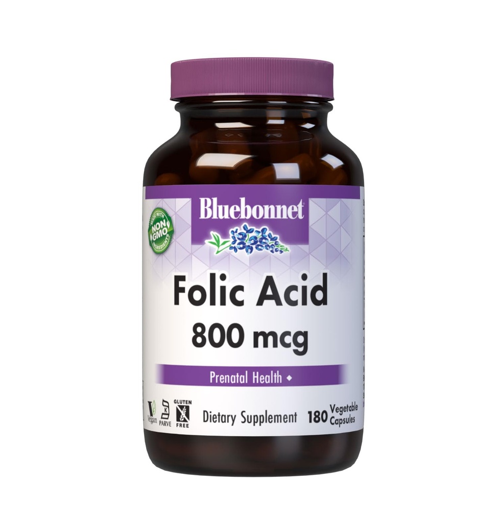 Bluebonnet Nutrition Folic Acid 800mcg, Healthy Neurological Development, Soy, Dairy & Gluten Free, Non-GMO, Kosher Certified, Vegan, Vegetable Capsules, 180 Count