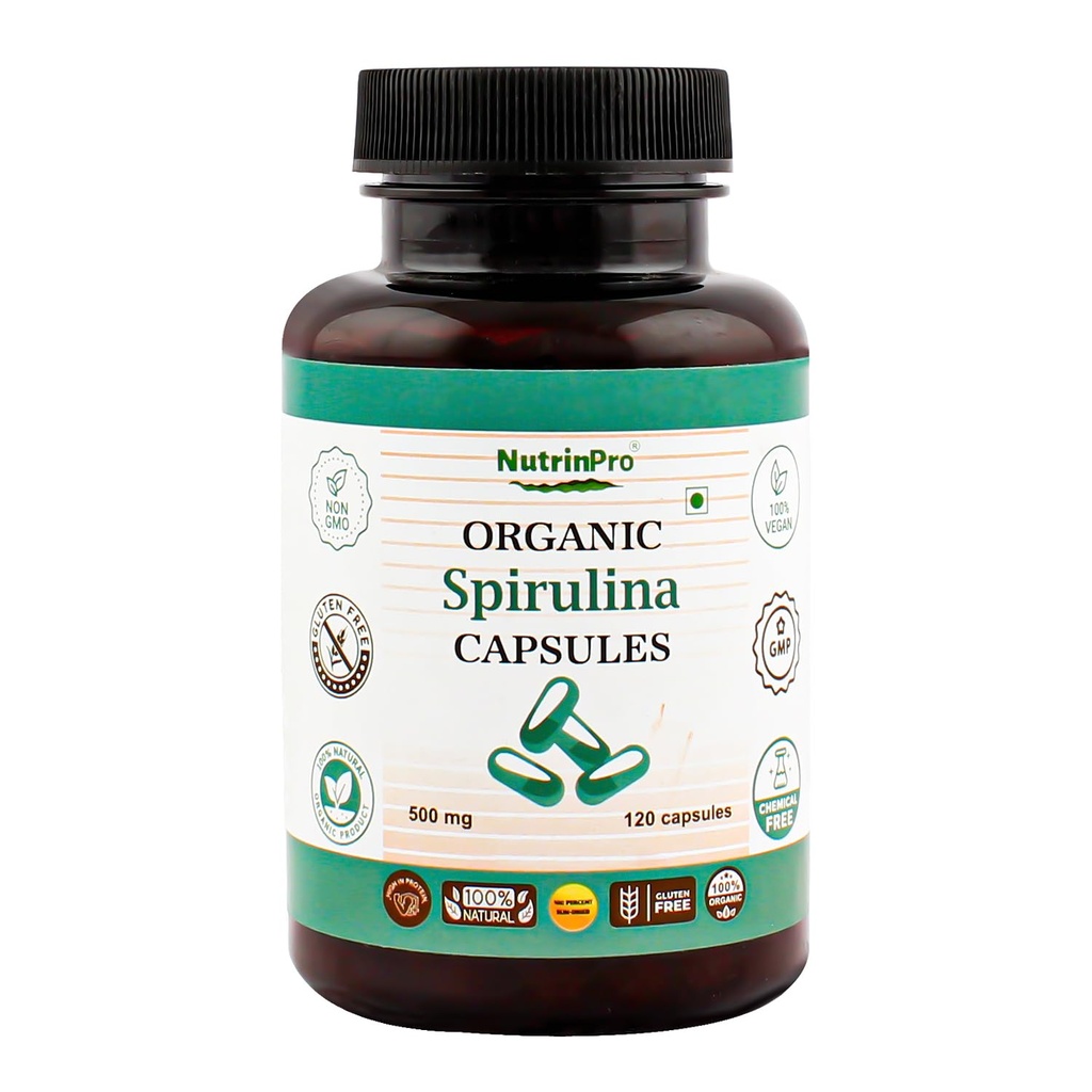 NUTRINPRO USDA Organic Spirulina Capsules, 120 Count | USDA Organic Spirulina | Vegan and Gluten-Free | Non-GMO Formula