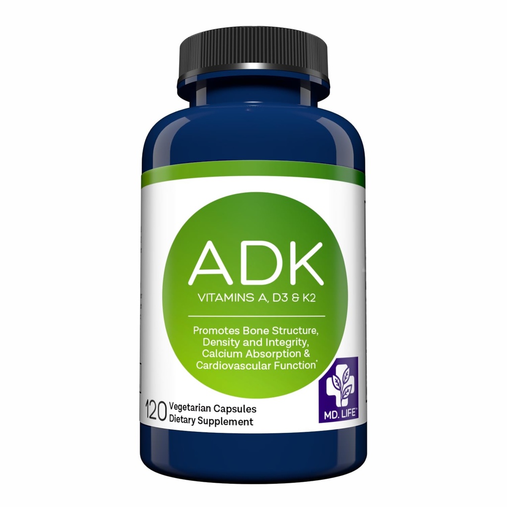 MD. Life ADK Vitamin Supplement, Vitamin D3 K2 and A, 120 Capsules, Non-GMO | High Potency Complex - Bone and Heart Health Support - Doctor Designed - Made in the USA - Gluten Free, Vegetarian