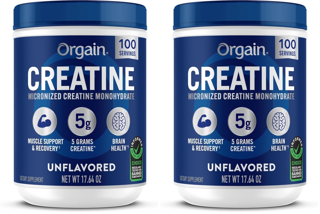 Orgain Creatine Monohydrate Micronized Powder,100 Servings,Unflavored,Supports Muscle Growth,Post Workout Recovery and Brain Health,No Artificial Additives,for Men & Women,Vegan,(Pack of 2)