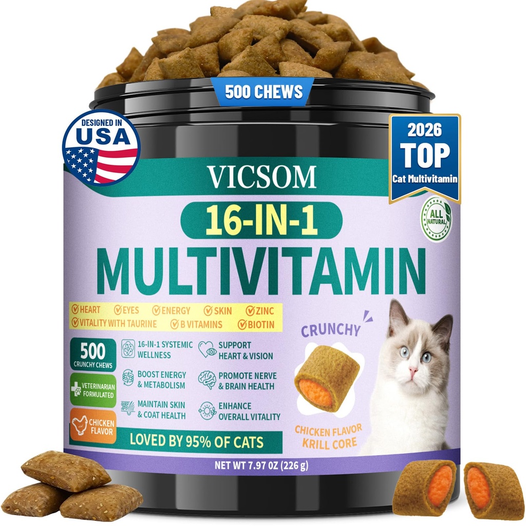 VICSOM Taurine for Cats Vitamins Treats, 16 in 1 Cat Multivitamin 500 Ct | Crunchy & Krill Chews Support Immune, Joint, Digestion, Skin & Coat, Cat Vitamins Taurine Supplements for Daily Healthy