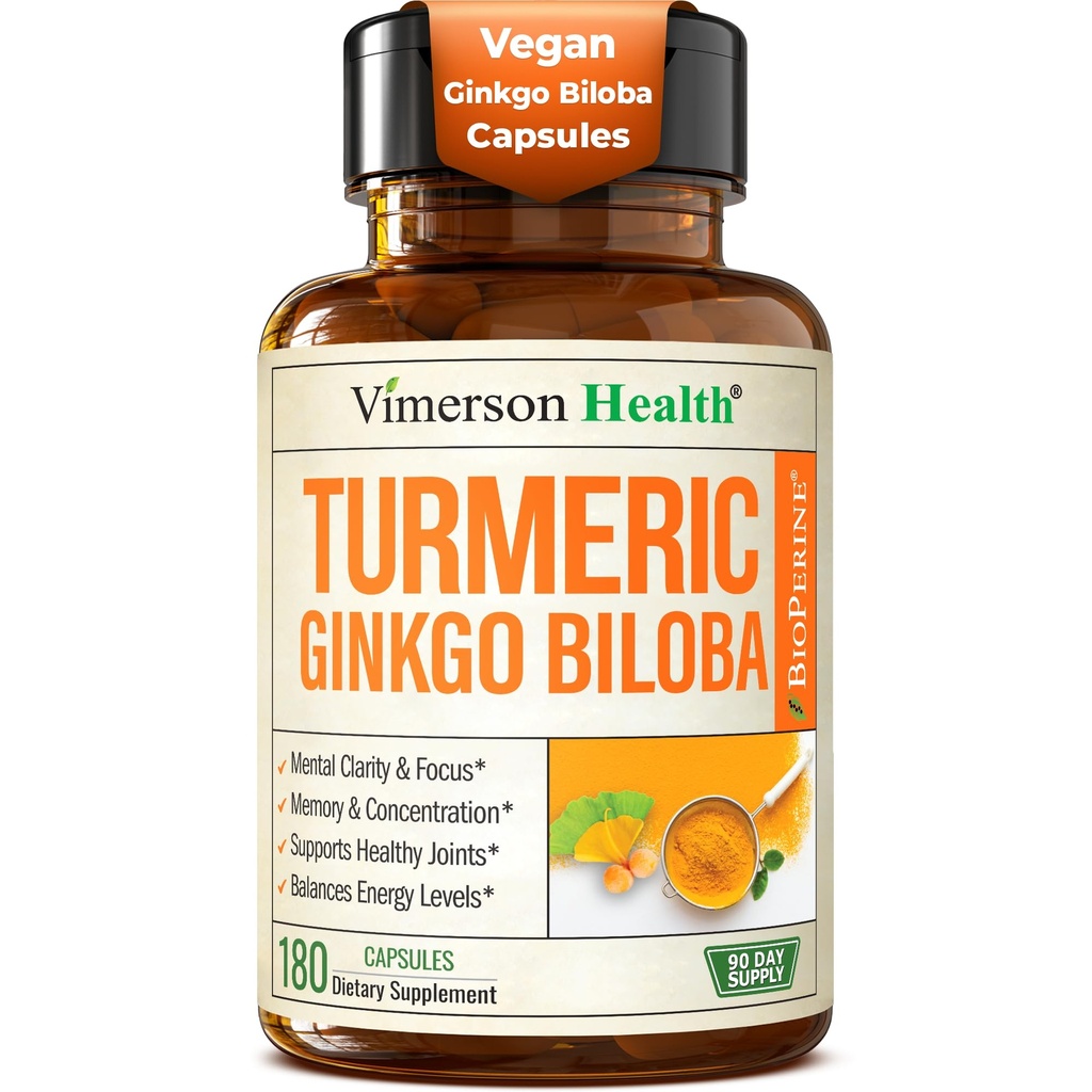 Ginkgo Biloba Supplement with Turmeric Curcumin and Black Pepper for High Absorption - Ginko Biloba Capsules with Curcuma for Focus, Memory Support, Joint & Brain Health - NonGMO - 180 Vegan Capsules