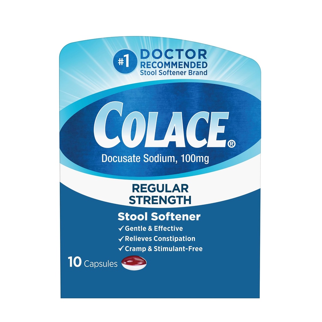 Colace Regular Strength Stool Softener for Gentle Effective Constipation Relief, #1 Doctor Recommended Stool Softener Brand, 100 mg Docusate Capsules, 10 Count