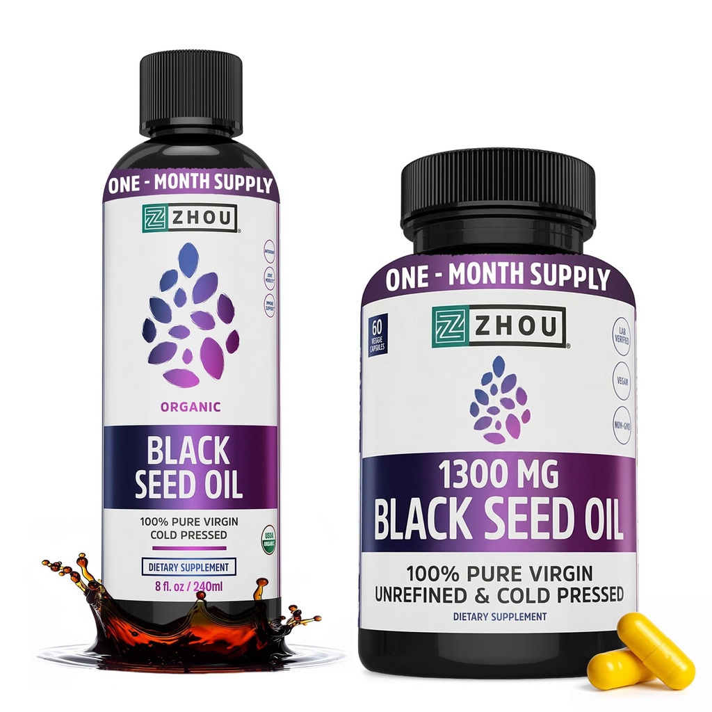 ZHOU Black Seed Oil & Capsules - Black Cumin Seed Oil Cold Pressed, Pure Unrefined Nigella Sativa, Premium Supplement for Health, Hair & Skin - 8 fl oz Bottle & 60 Capsules