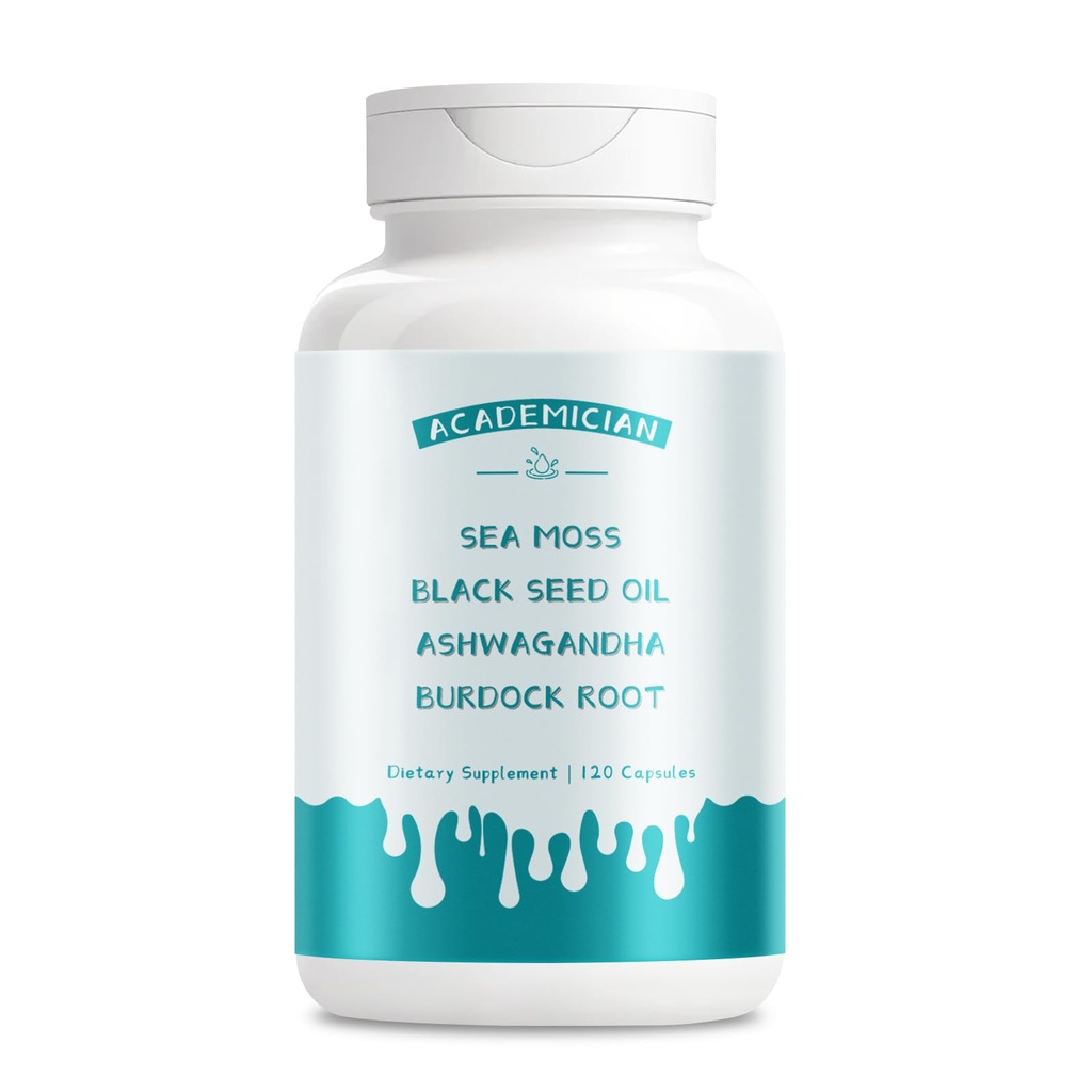 Sea Moss Capsules with Black Seed Oil Burdock Root Capsules Ashwagandha Supplements Bladderwrack Capsule Vitamin C Vitamin D3 Elderberry Manuka Dandelion - 120 Count