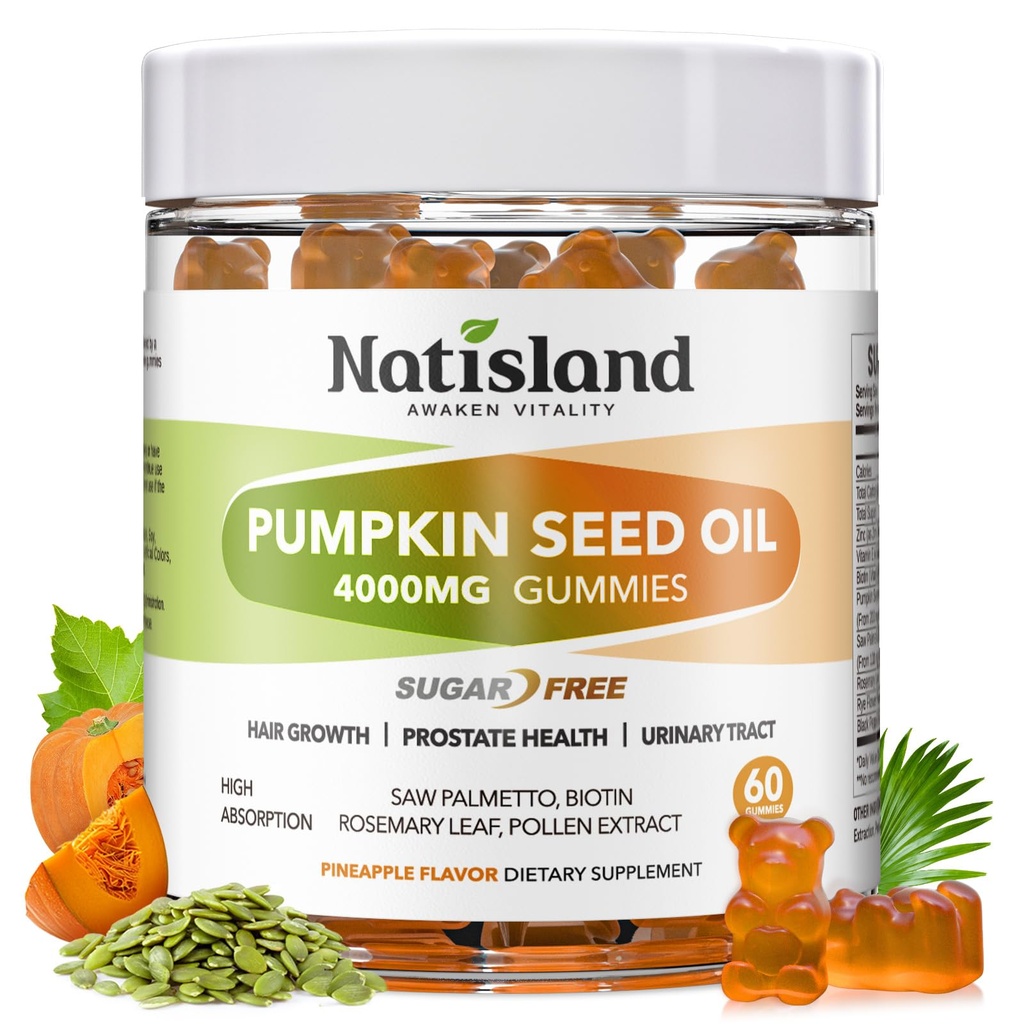 Pumpkin Seed Oil Gummies with Saw Palmetto, Cold Pressed Pumpkin Seed Oil Supplement for Hair Growth, Prostate Health & Urinary Tract Support, Sugar Free, Vegan Pineapple Flavor, 60 Count