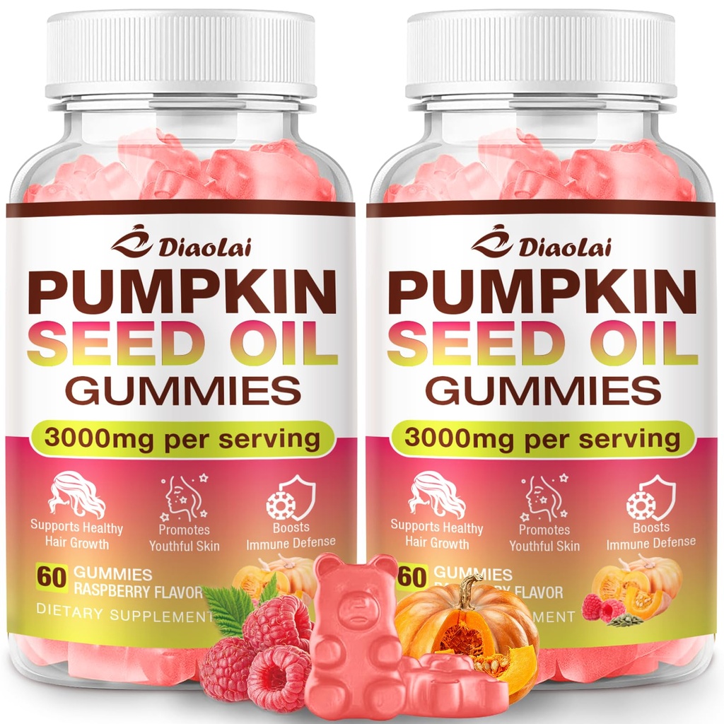 Sugar-Free Pumpkin Seed Oil Gummies with Saw Palmetto for Hair Growth - Organic Supplement for Skin Health & Prostate Support - High-Purity Extract for Women & Men, Raspberry Flavor, 120 Count