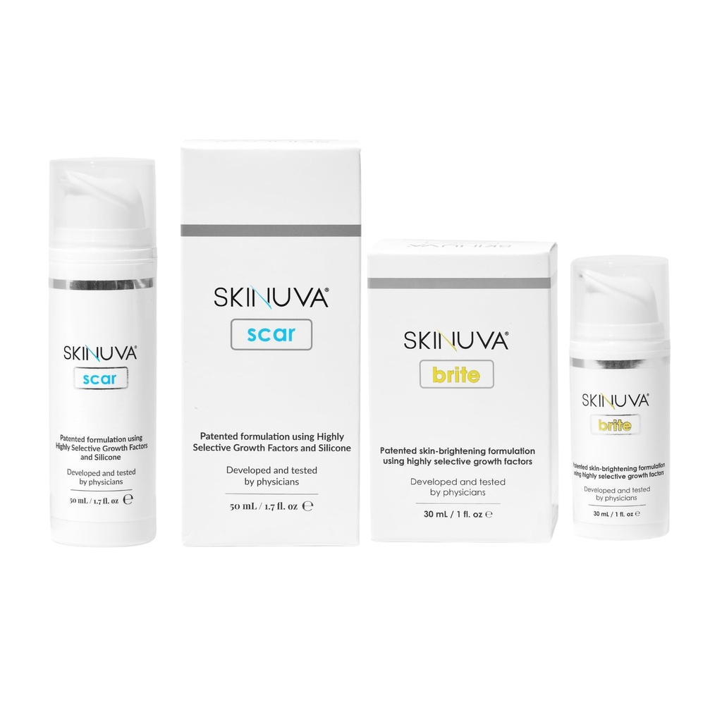 Skinuva® Scar (1.7 oz) & Brite (1 oz) - Advanced Silicone Cream Matrix & Tone-Enhancing Cream Bundle Made with Growth Factors - Help Reduce the Appearance of Scars & Discoloration