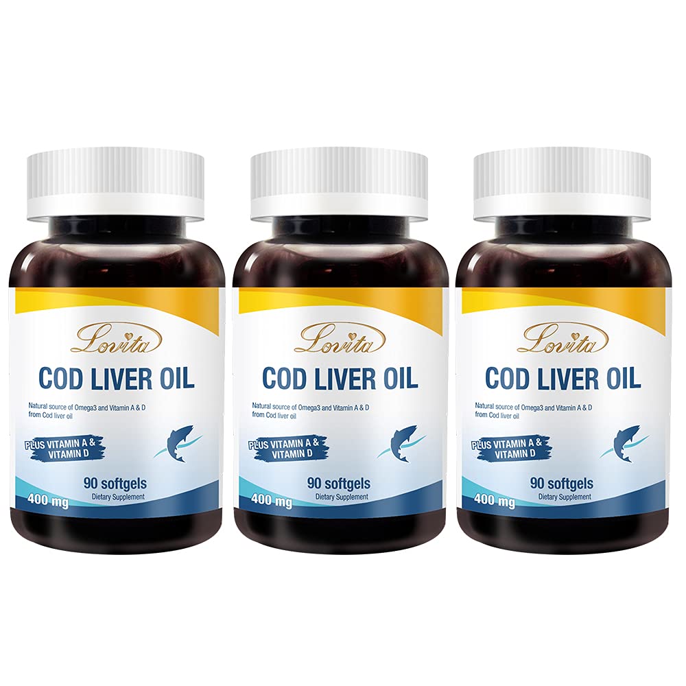 Lovita Norwegian Cod Liver Oil, High Absorption TG Form, DHA & EPA with Vitamin A & D, Burpless, Easy to Swallow, for Heart, Brain and Immune Support, 90 Softgels (Pack of 3)