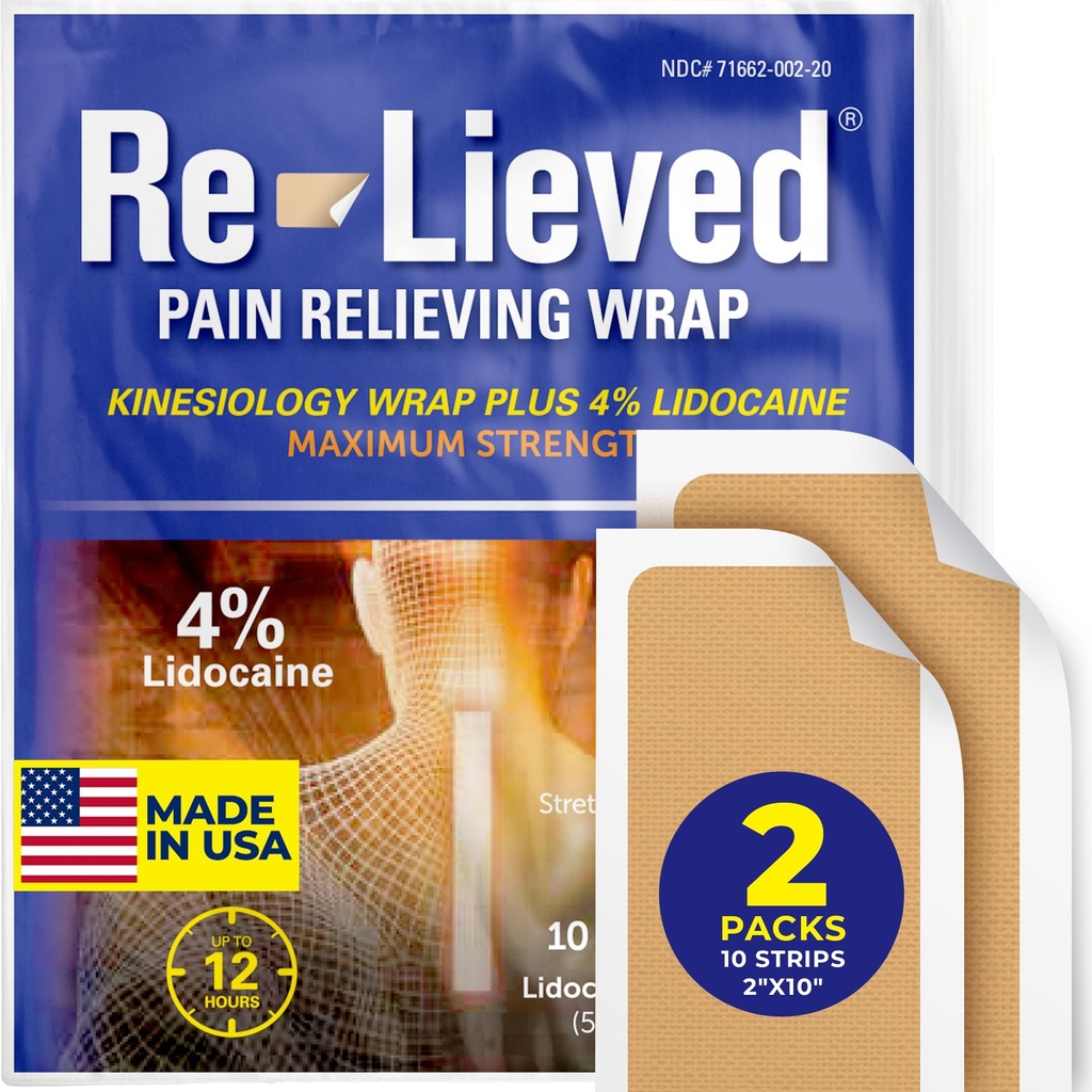 4% Lidocaine Maximum Strength Pain Relief Kinesiology Tape - Relieves Back, Joints and Muscle Pains - Superior Sticking, Aluminum-Free Water Resistant, and USA Made - 2" x 10" Strips (20 Pcs)