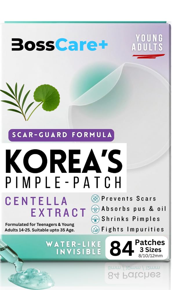Centella Hydrocolloid Patch BossCare+™ Original Korean Pimple Patches for Face, Teen & Adults Salicylic Tea Tree Oil Spot Cover, Absorbs Pus Shrink Pimples, Scar-Guard Formula | 84 Ct 3 Sizes, FSA HSA